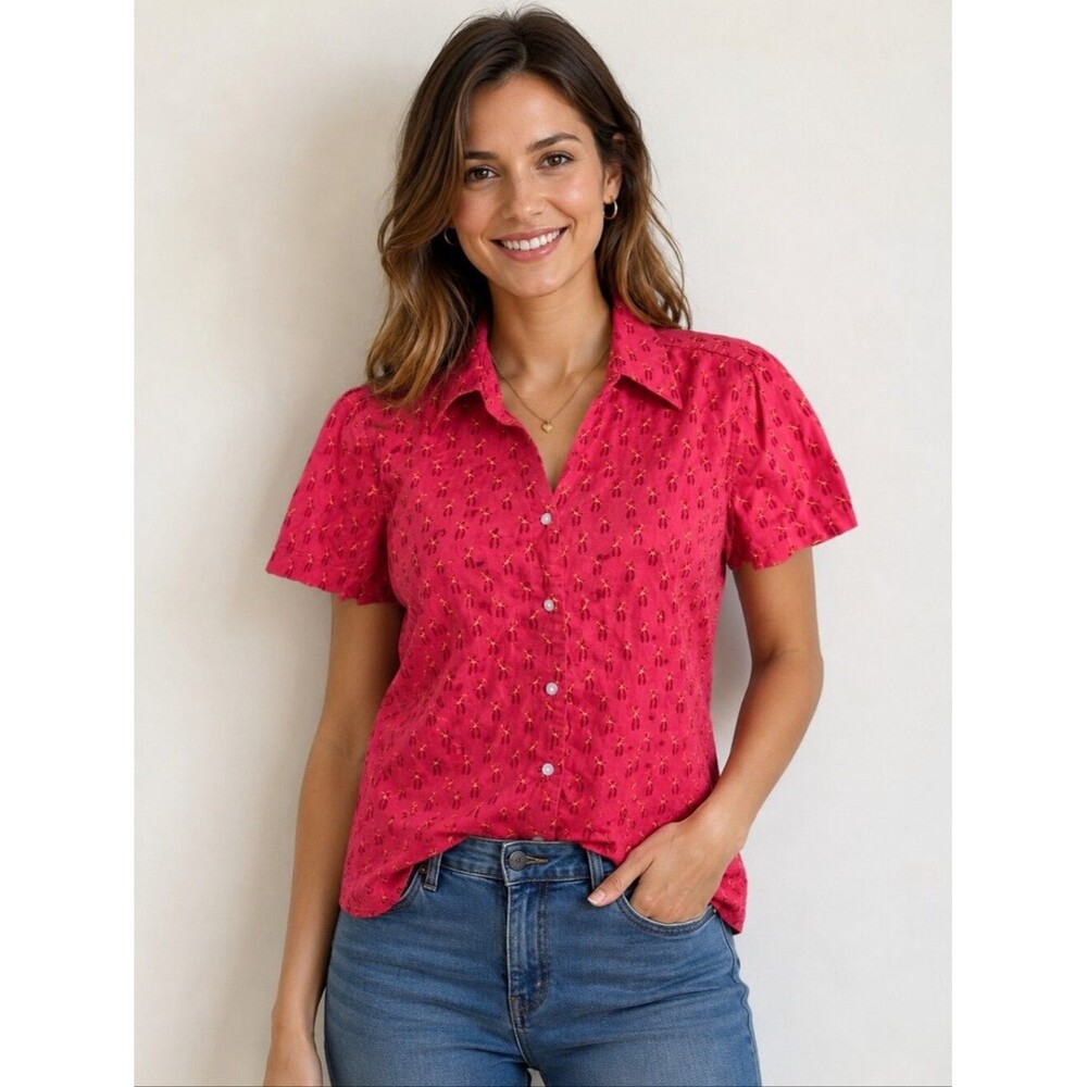 Chic Vintage Red Raspberry Button Down Cotton Blouse, Guitar Cowboys, L